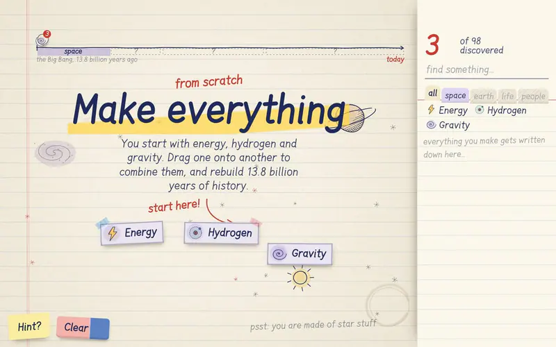 Start with hydrogen. Make the internet.