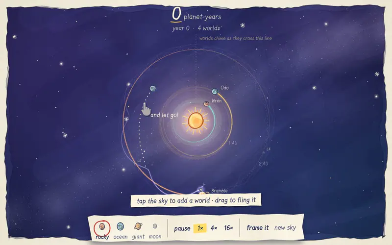 Fling planets around a painted sun and try to keep them there. Every orbit plays a note.