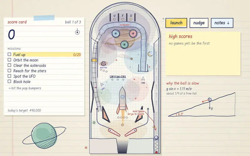 A whole pinball table drawn in ink and watercolour, with real physics.