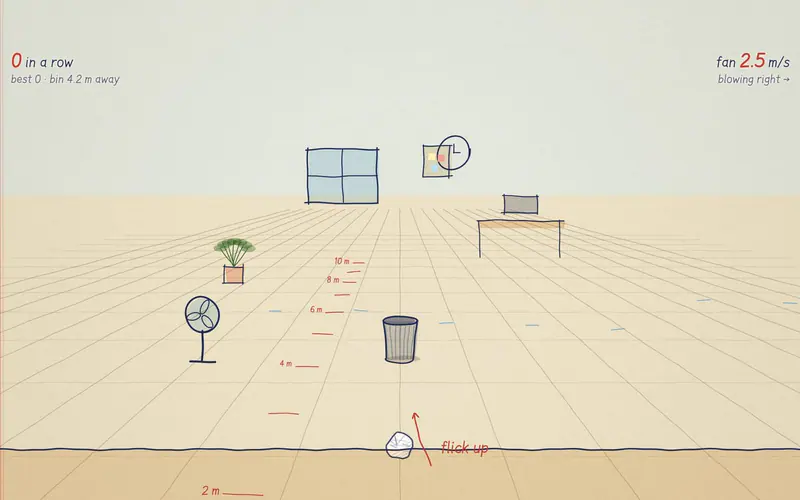 Flick a paper ball into the bin. Mind the fan.